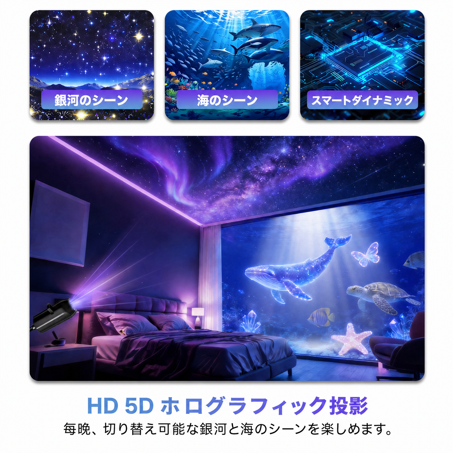PKNEW®🍉次世代スマートプロジェクション 𝐇𝐃 スマート ダイナミック 𝟓𝐃 ホログラフィック ナイトライト プロジェクター🦢