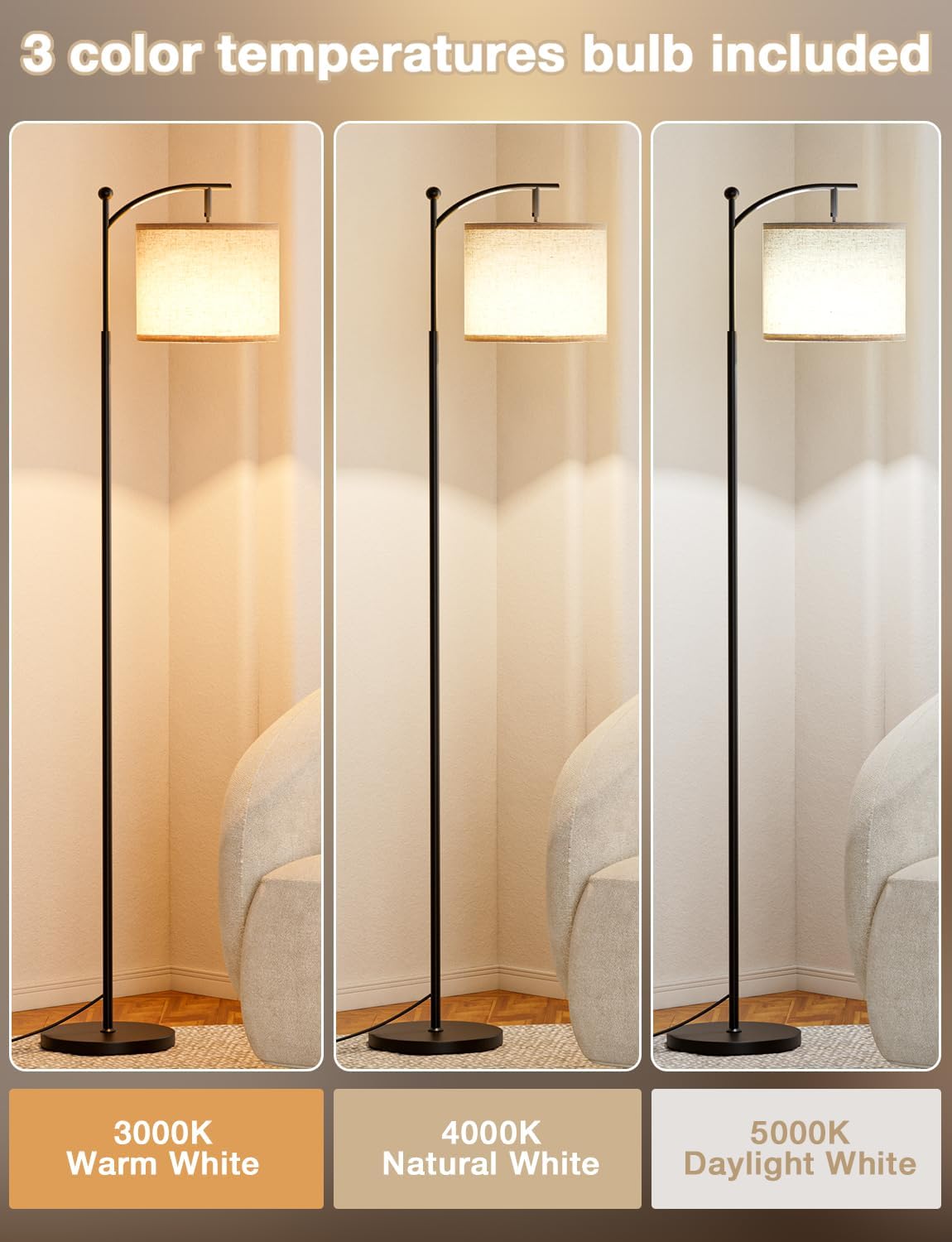 Lámpara de pie alta con 3 temperaturas de color – pantalla de lino ajustable, 60", para sala de estar, dormitorio, oficina y dormitorio universitario, bombilla incluida, color beige y negro.