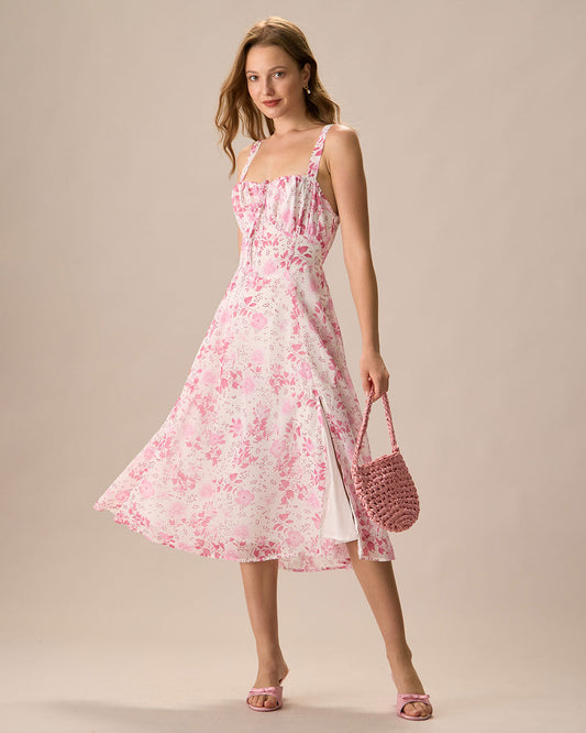 El vestido midi rosa con escote cuadrado, patrón floral y volantes