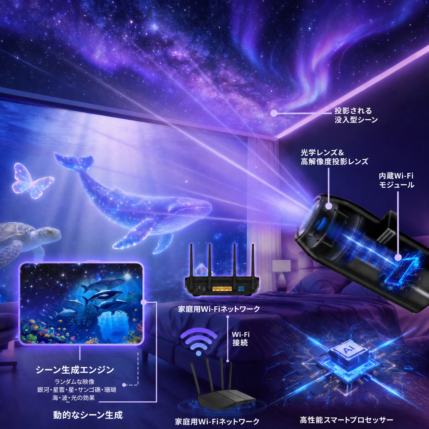PKNEW®🍉次世代スマートプロジェクション 𝐇𝐃 スマート ダイナミック 𝟓𝐃 ホログラフィック ナイトライト プロジェクター🦢
