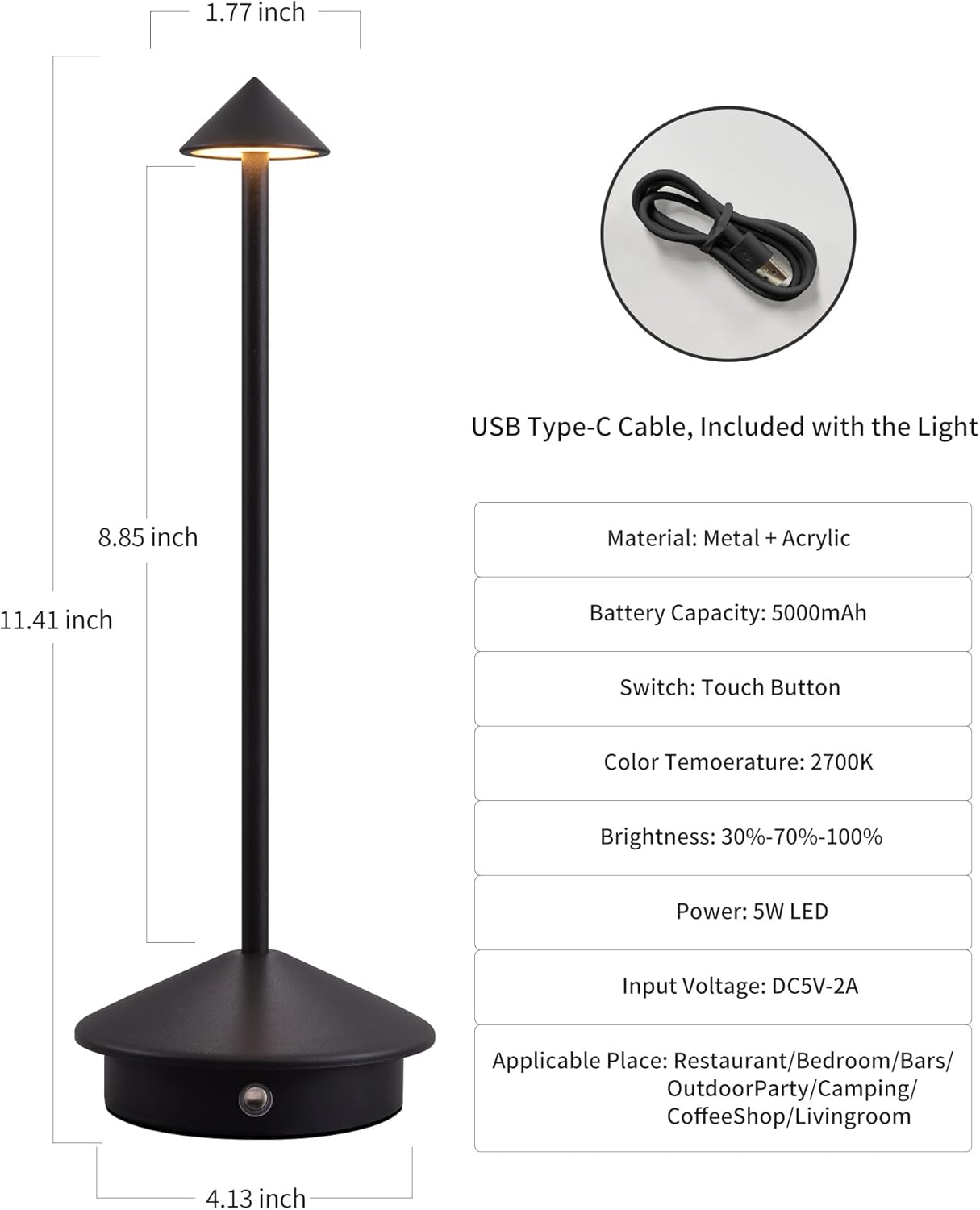 Juego de 2 lámparas de mesa modernas sin cable, lámparas de escritorio LED recargables, batería de 5000 mAh, luz nocturna portátil (negro).