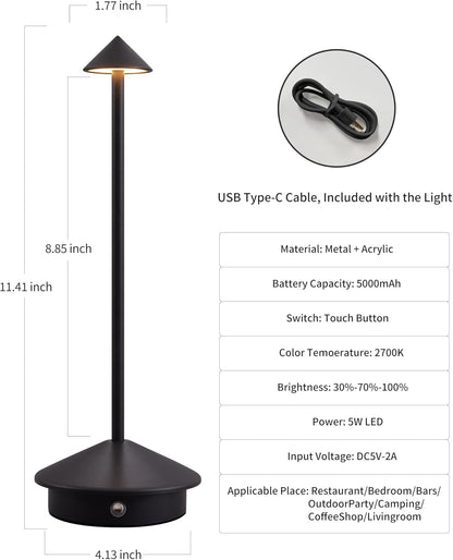 Juego de 2 lámparas de mesa modernas sin cable, lámparas de escritorio LED recargables, batería de 5000 mAh, luz nocturna portátil (negro).