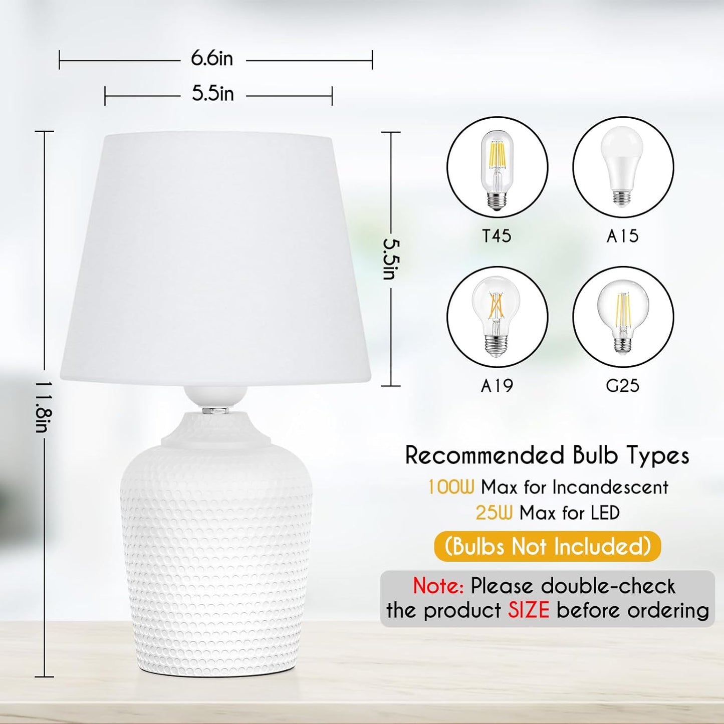 Juego de 2 pequeñas lámparas de mesa – lámparas de mesita de noche de 11,8" para dormitorio, habitación infantil, sala de estar y oficina, base blanca con detalles decorativos.