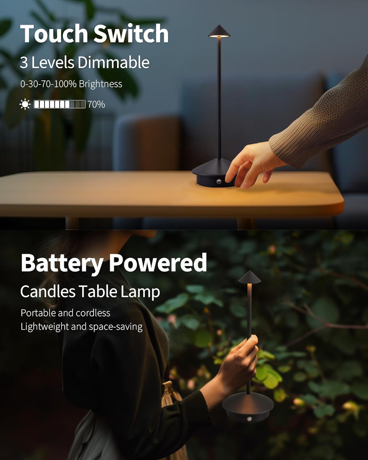 Juego de 2 lámparas de mesa modernas sin cable, lámparas de escritorio LED recargables, batería de 5000 mAh, luz nocturna portátil (negro).
