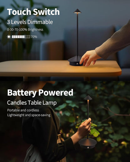 Juego de 2 lámparas de mesa modernas sin cable, lámparas de escritorio LED recargables, batería de 5000 mAh, luz nocturna portátil (negro).