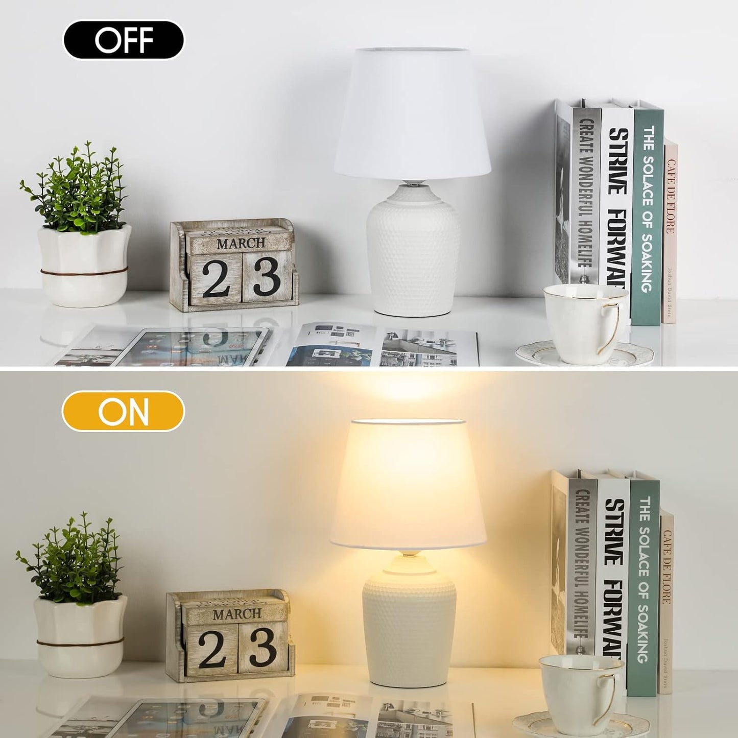 Juego de 2 pequeñas lámparas de mesa – lámparas de mesita de noche de 11,8" para dormitorio, habitación infantil, sala de estar y oficina, base blanca con detalles decorativos.