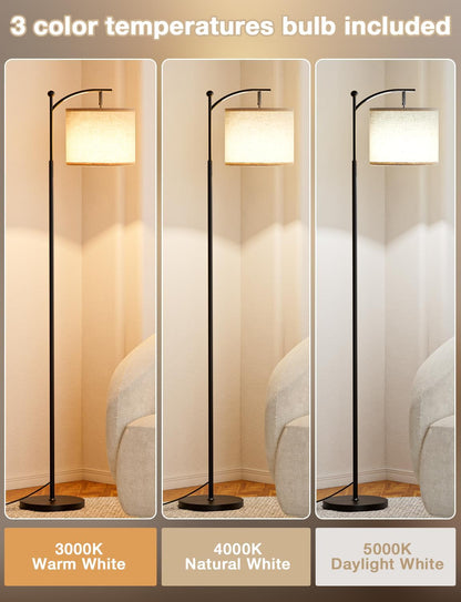 Lámpara de pie alta con 3 temperaturas de color – pantalla de lino ajustable, 60", para sala de estar, dormitorio, oficina y dormitorio universitario, bombilla incluida, color beige y negro.