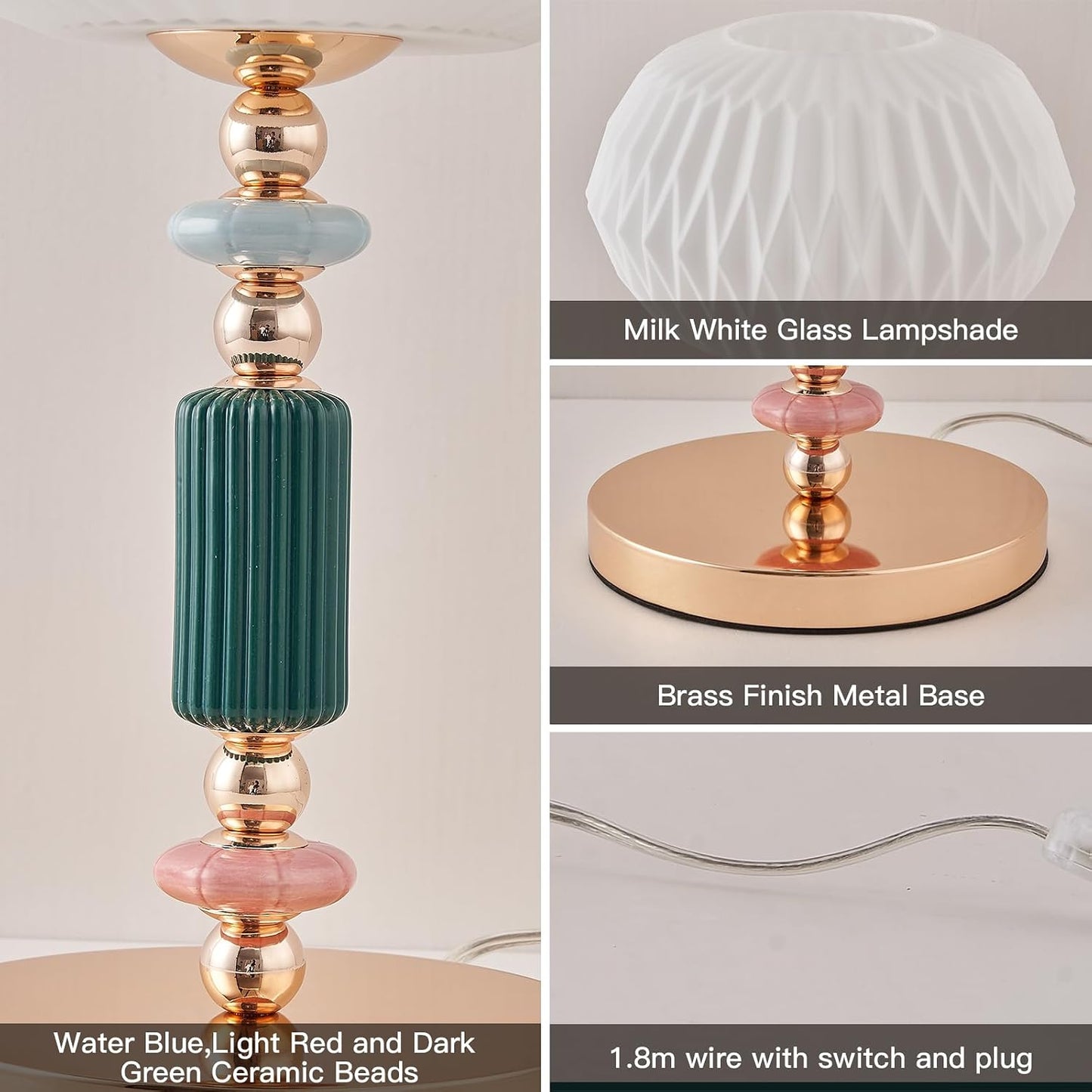 Lámpara de mesa moderna con pantalla de vidrio blanco lechoso y base metálica, lámpara de escritorio con cable y interruptor, adecuada para dormitorio y sala de estar.