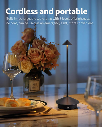 Juego de 2 lámparas de mesa modernas sin cable, lámparas de escritorio LED recargables, batería de 5000 mAh, luz nocturna portátil (negro).