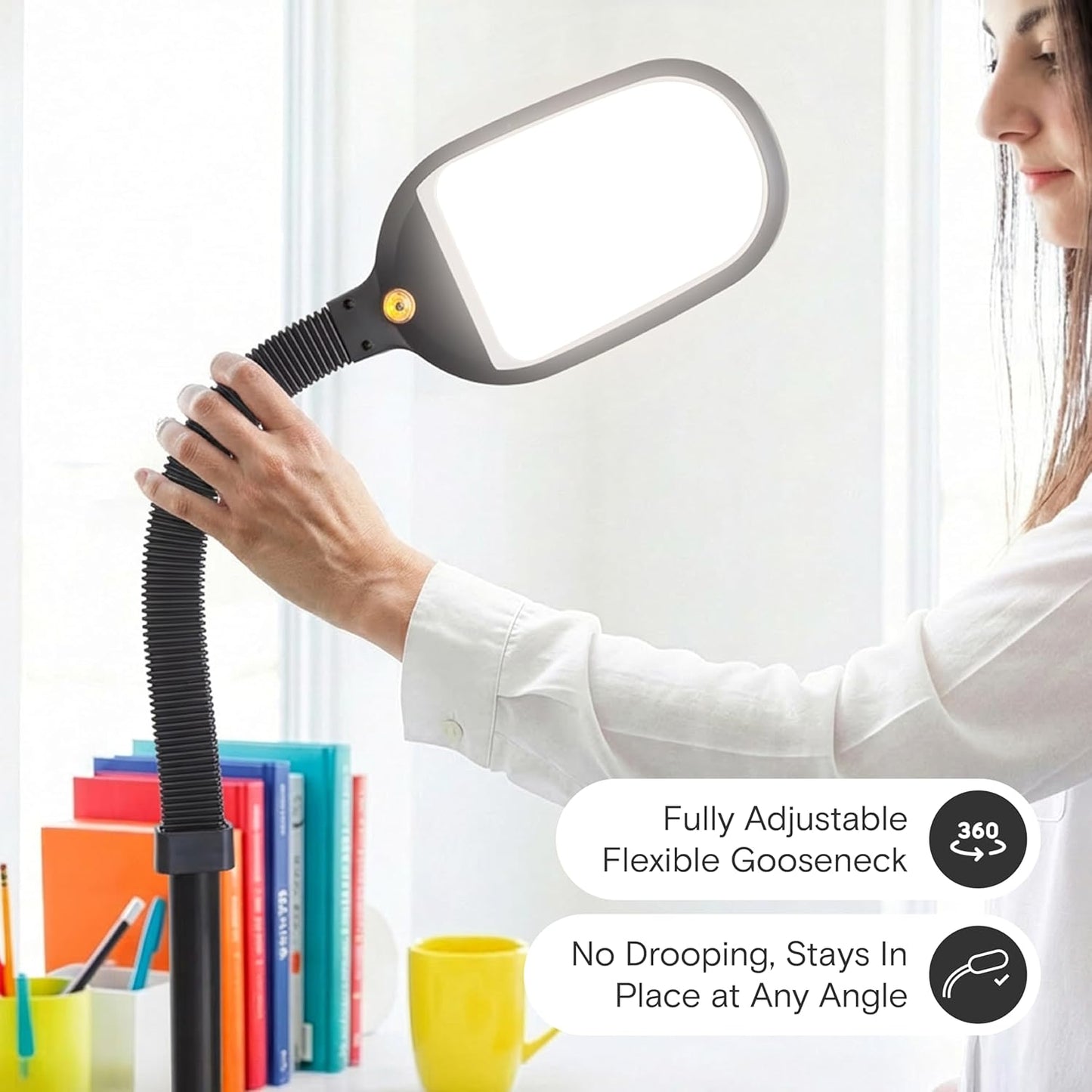 Lámpara de pie LED para lectura – luz de pie con cuello de cisne ajustable para lectura, manualidades y oficina, color negro.