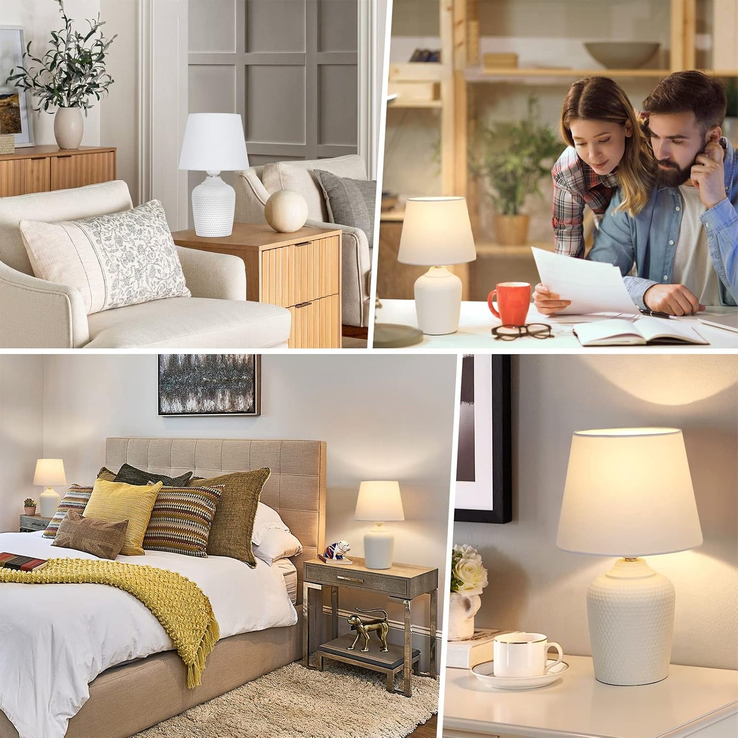 Juego de 2 pequeñas lámparas de mesa – lámparas de mesita de noche de 11,8" para dormitorio, habitación infantil, sala de estar y oficina, base blanca con detalles decorativos.