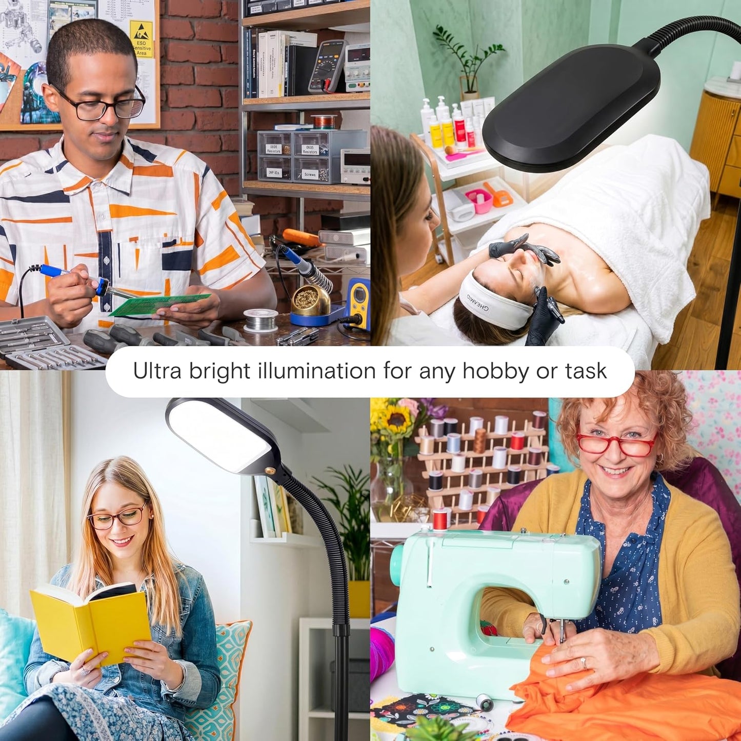 Lámpara de pie LED para lectura – luz de pie con cuello de cisne ajustable para lectura, manualidades y oficina, color negro.