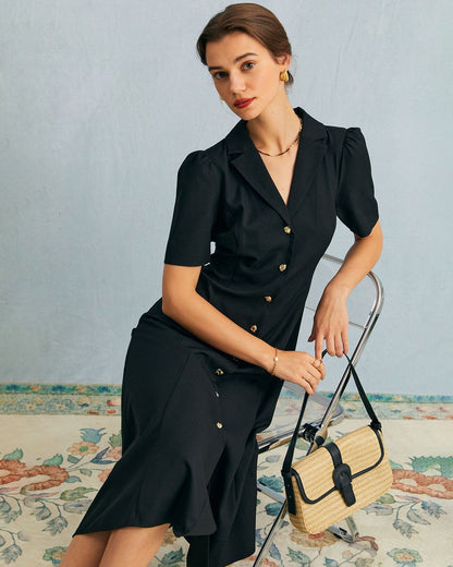 El vestido midi negro con escote en V, botones y mangas abullonadas