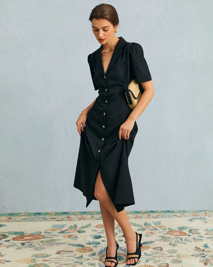 El vestido midi negro con escote en V, botones y mangas abullonadas