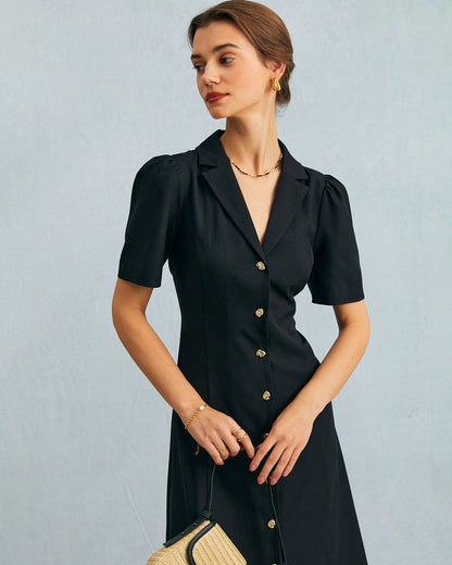 El vestido midi negro con escote en V, botones y mangas abullonadas