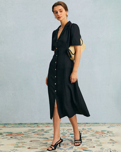 El vestido midi negro con escote en V, botones y mangas abullonadas