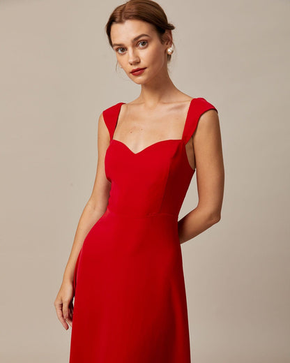 El vestido midi rojo con escote corazón y mangas cap
