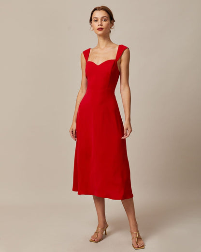 El vestido midi rojo con escote corazón y mangas cap
